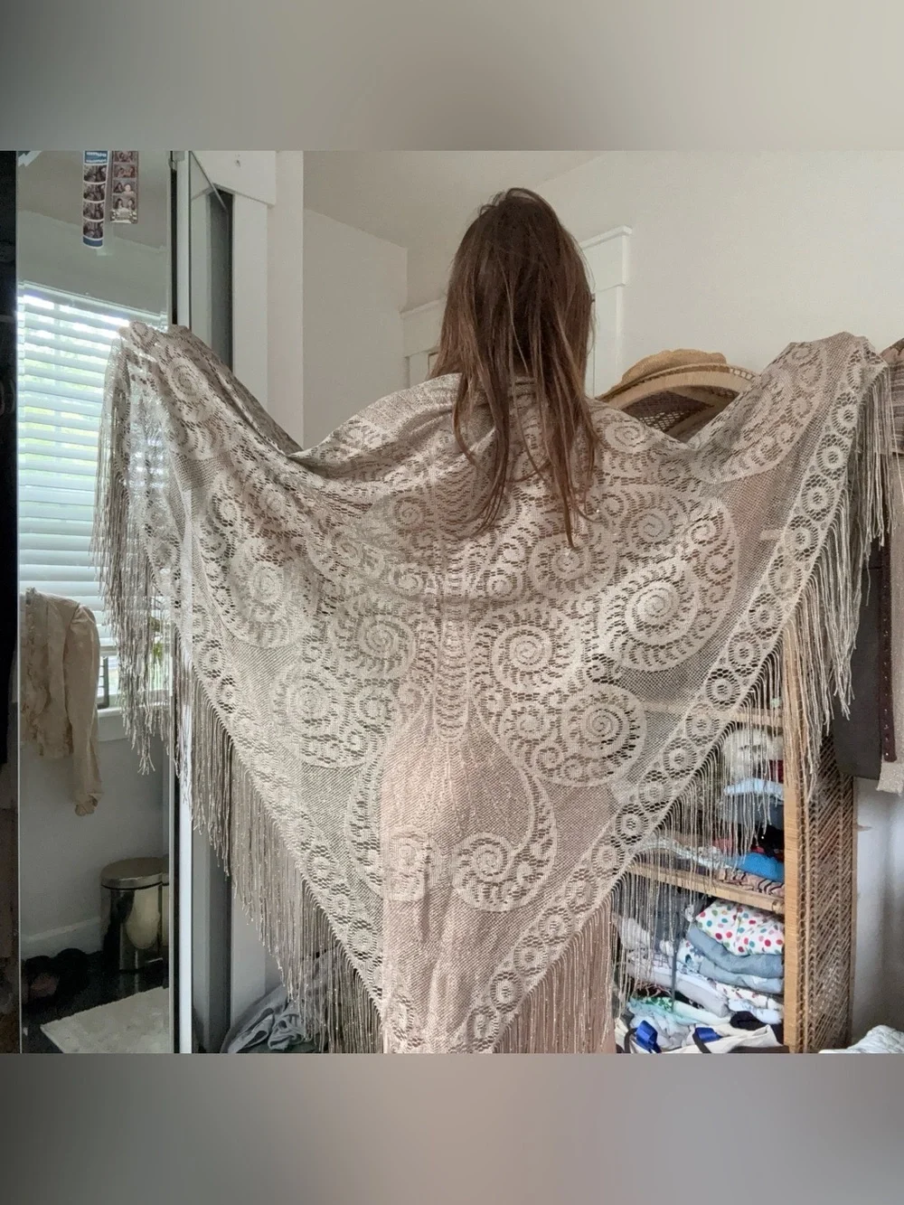 Vintage Japan Butterfly Shimmer Metallic Lace Fringe Triangle Shawl Wrap Boho